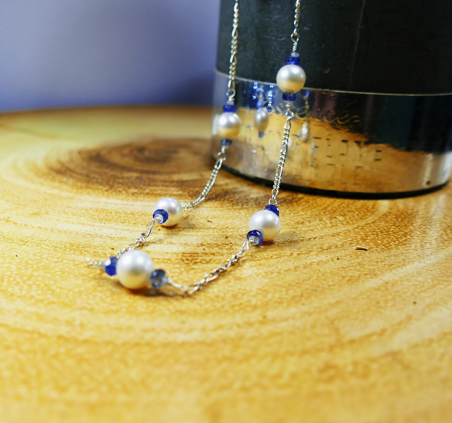 Nilamani Kyanite, Sapphire & White Pearl Chain Necklace