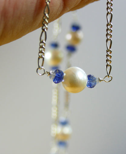 Nilamani Kyanite, Sapphire & White Pearl Chain Necklace