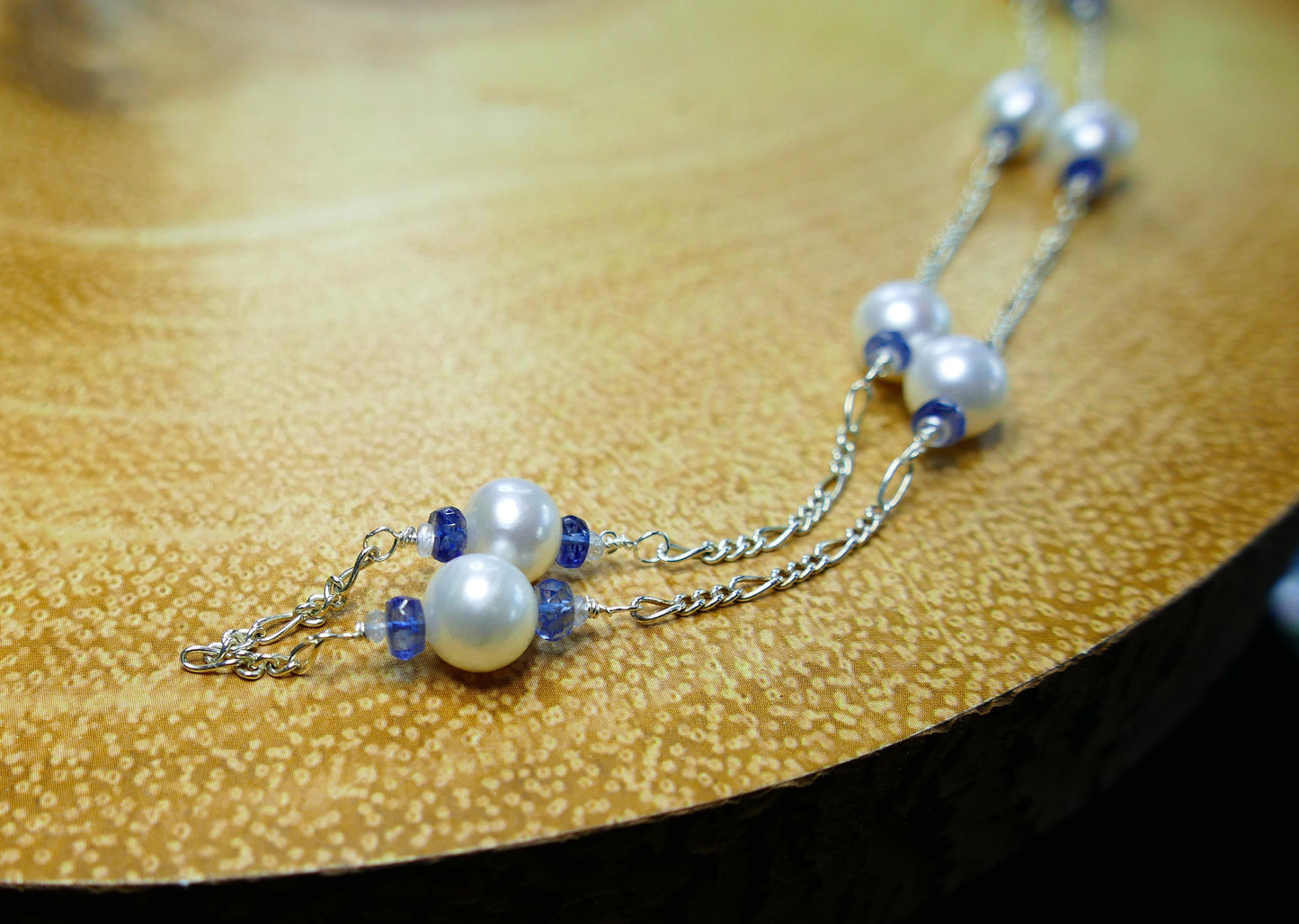 Nilamani Kyanite, Sapphire & White Pearl Chain Necklace