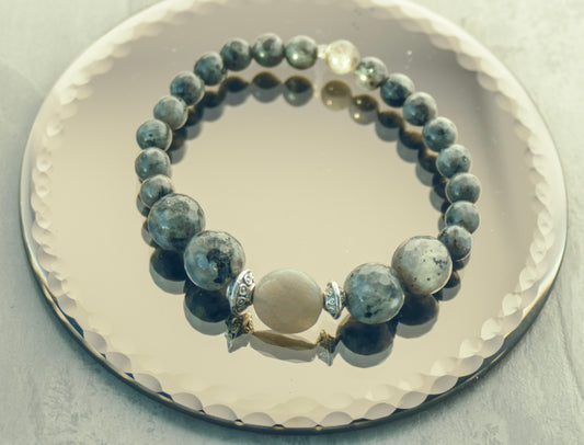 Larvikite, Labradorite & Tibetan Bead Stretch Bracelet - 6.5"/16.5cm - M