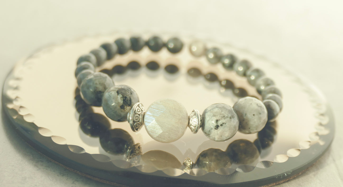 Larvikite, Labradorite & Tibetan Bead Stretch Bracelet - 6.5"/16.5cm - M