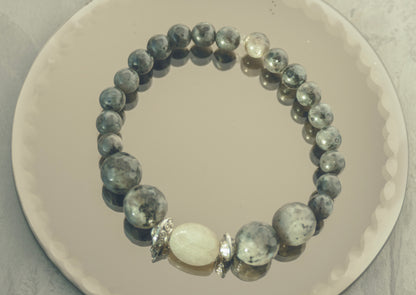 Larvikite, Labradorite & Tibetan Bead Stretch Bracelet - 6.5"/16.5cm - M