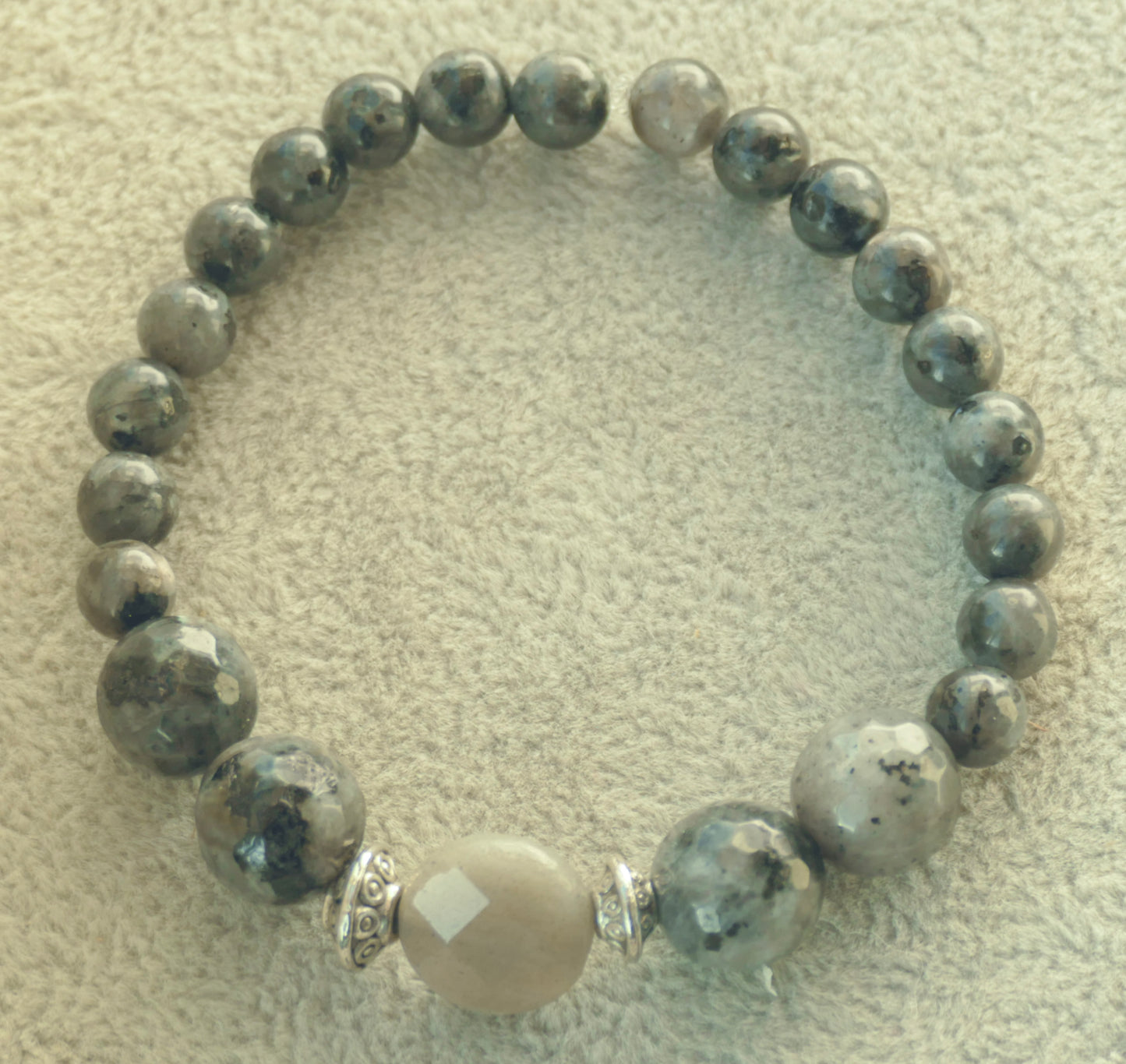 Larvikite, Labradorite & Tibetan Bead Stretch Bracelet - 6.5"/16.5cm - M