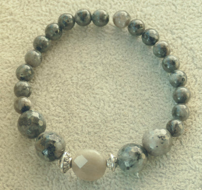 Larvikite, Labradorite & Tibetan Bead Stretch Bracelet - 6.5"/16.5cm - M