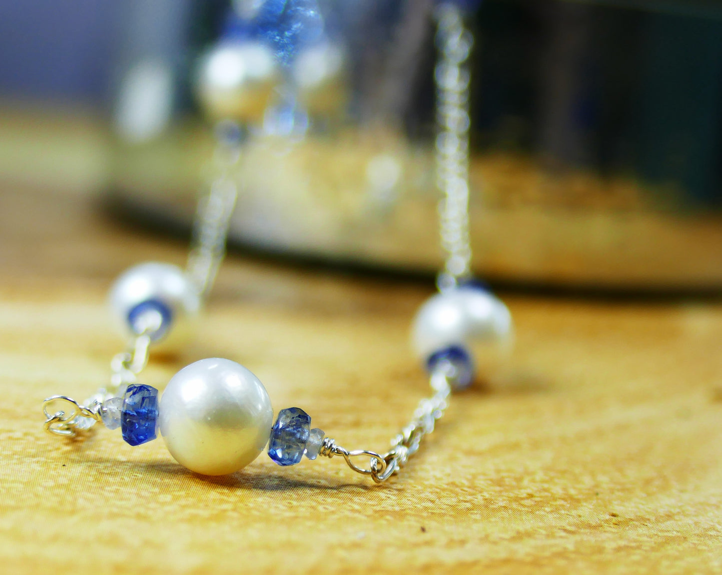 Nilamani Kyanite, Sapphire & White Pearl Chain Necklace