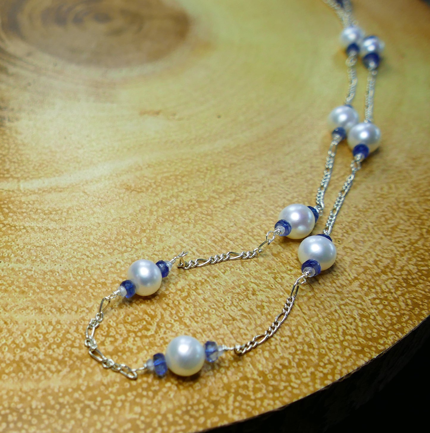 Nilamani Kyanite, Sapphire & White Pearl Chain Necklace