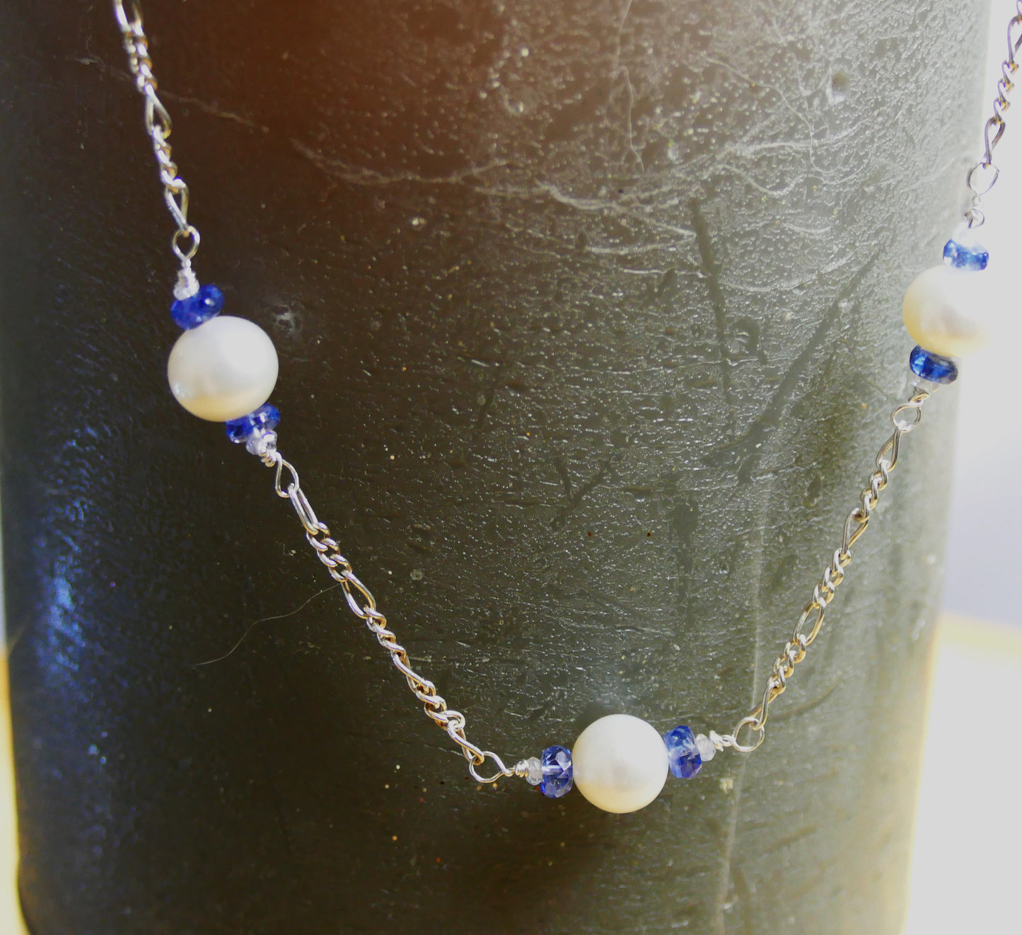 Nilamani Kyanite, Sapphire & White Pearl Chain Necklace