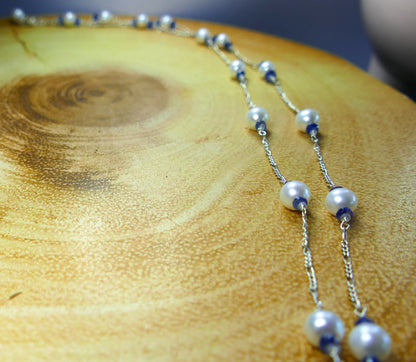 Nilamani Kyanite, Sapphire & White Pearl Chain Necklace