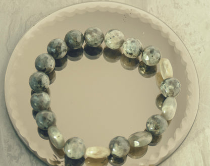 Larvikite & Labradorite Coin Stretch Bracelet - 7.5"/19cm - XL