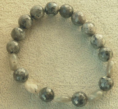 Larvikite & Labradorite Coin Stretch Bracelet - 7.5"/19cm - XL