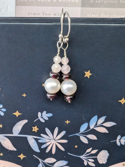 Pearl, rhodolite garnet & morganite earrings