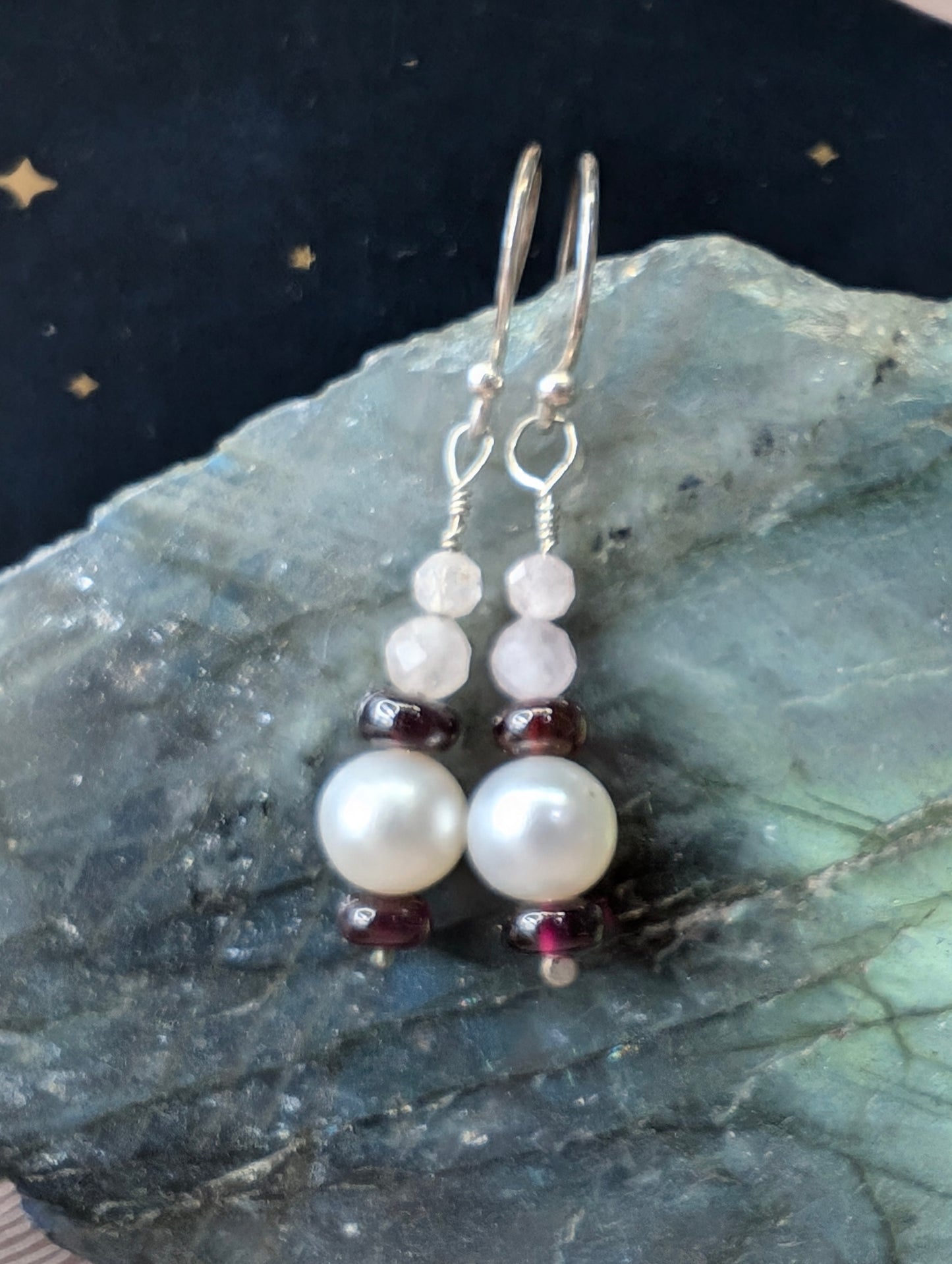 Pearl, rhodolite garnet & morganite earrings