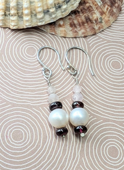 Pearl, rhodolite garnet & morganite earrings