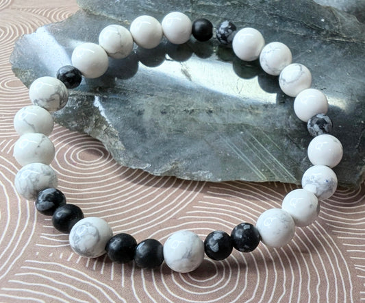 White Howlite & Snowflake Obsidian Stretch Bracelet - Peace, tranquility & repel negativity