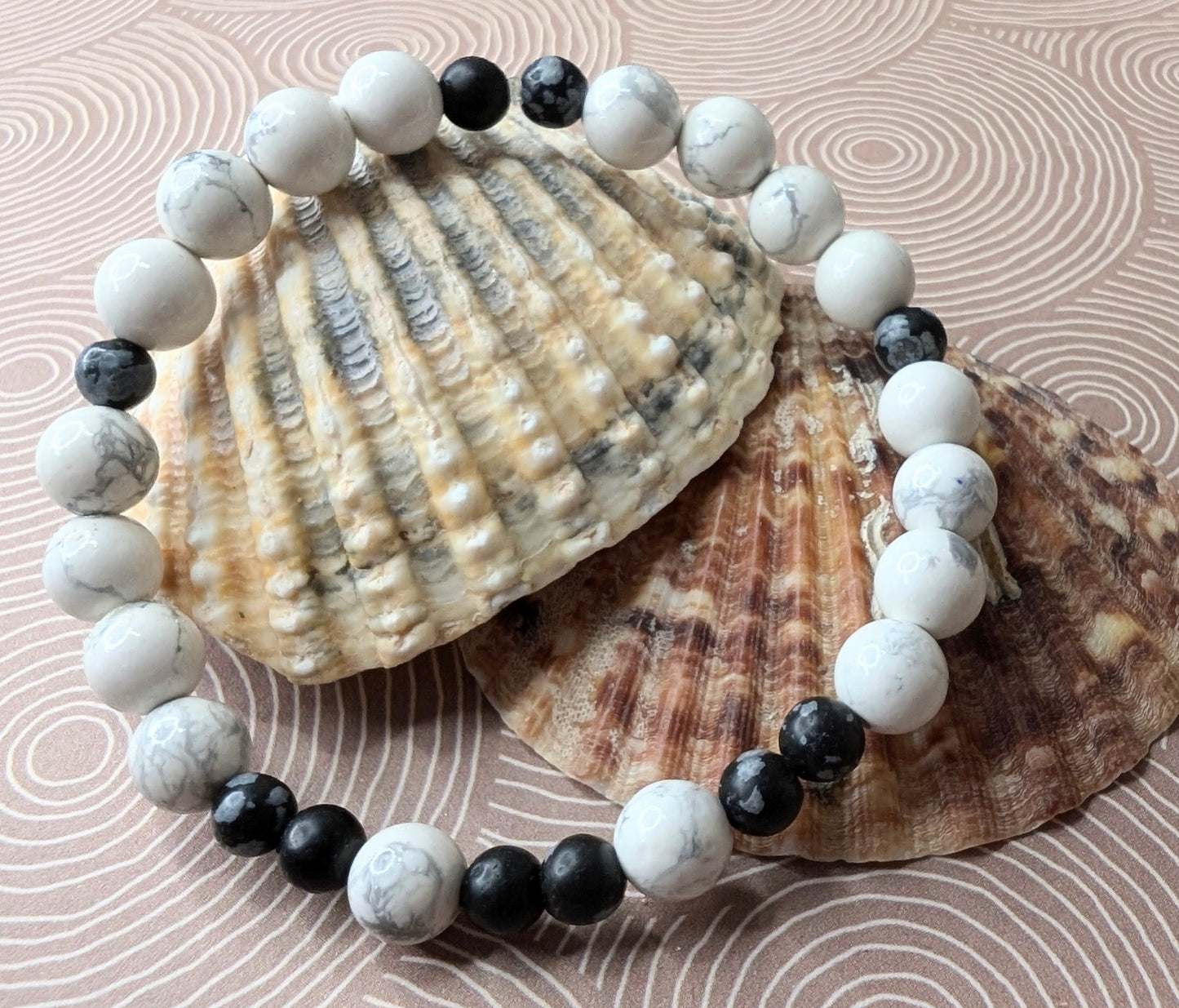 White Howlite & Snowflake Obsidian Stretch Bracelet - Peace, tranquility & repel negativity