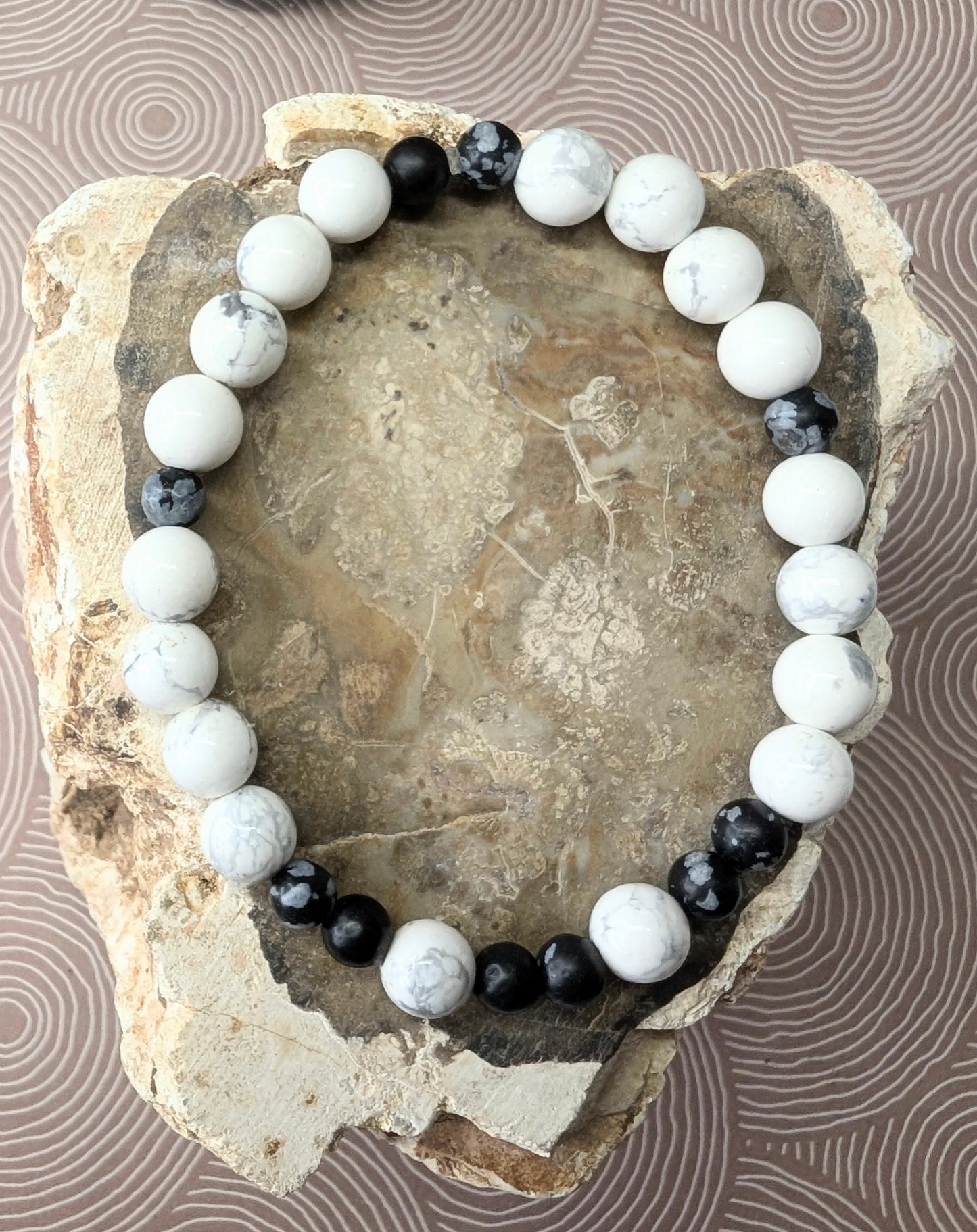 White Howlite & Snowflake Obsidian Stretch Bracelet - Peace, tranquility & repel negativity