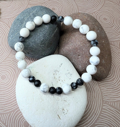 White Howlite & Snowflake Obsidian Stretch Bracelet - Peace, tranquility & repel negativity