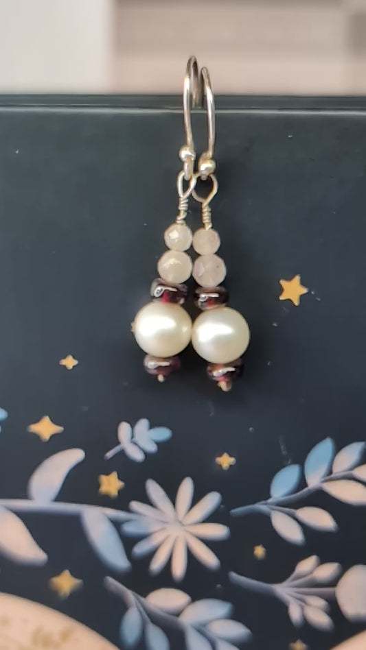 Pearl, rhodolite garnet & morganite earrings